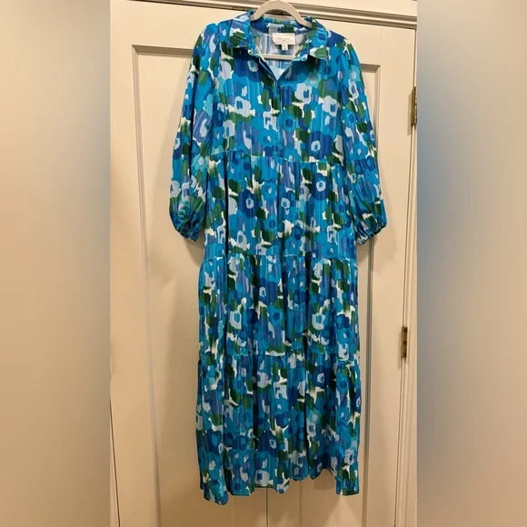 Pomander Place blue floral collared maxi dress with pockets, size M - Picture 8 of 9